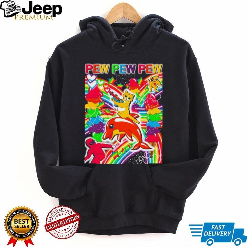 Pew Pew Pew Rainbow Cat Riding Dolphin Vaporwave Aesthetic T Shirt