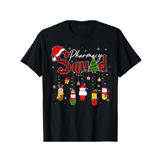 Pharmacy Squad Funny Pills Pharmacist Crew Christmas Lights T-Shirt for Men Women, Christmas Halloween New year Thanksgiving day Gift for Men Women Dad Mom Friend, Unisex Soft Fabric 100% cotton Black Tee Made in USA