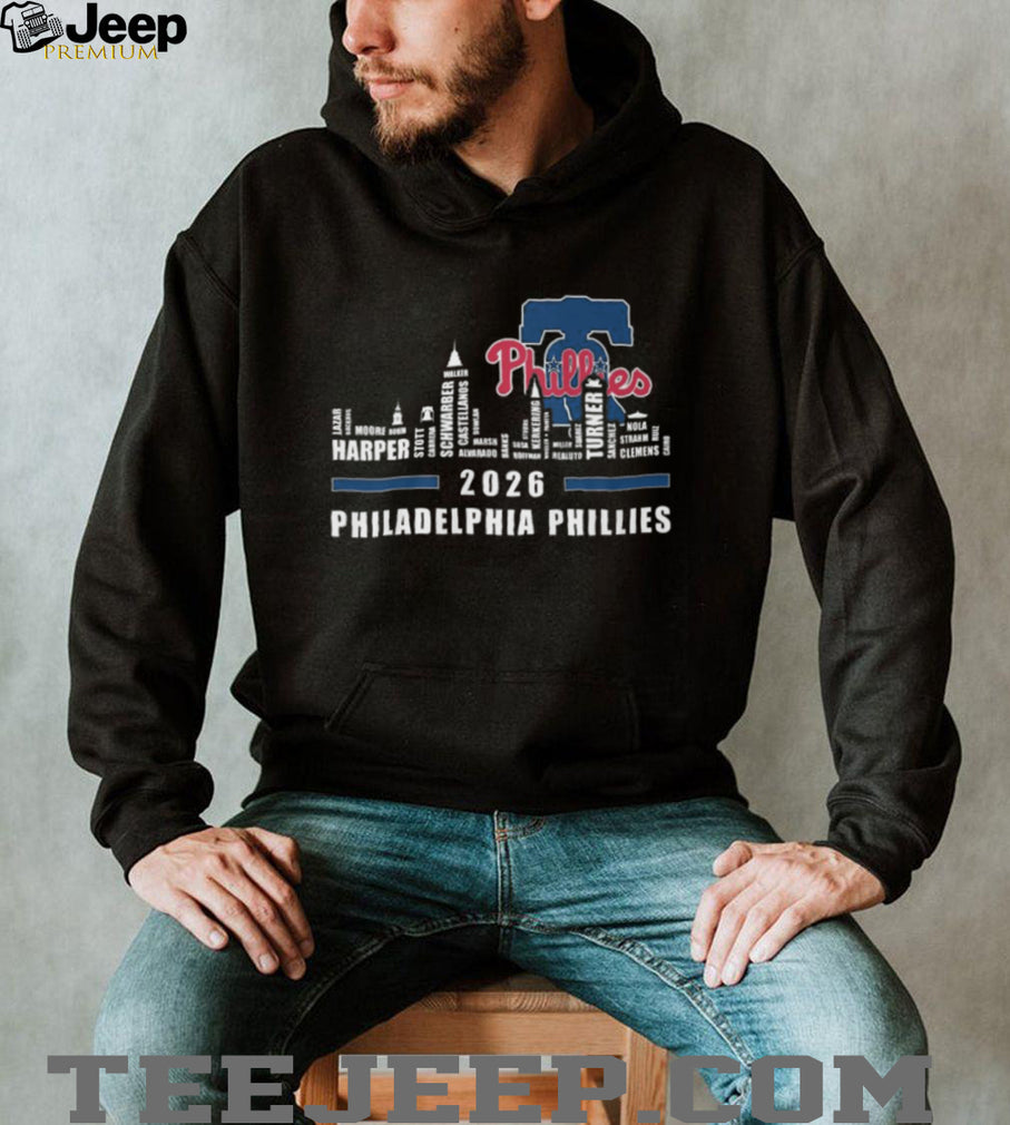 Philadelphia Phillies 2024 Players Names Skyline Liberty Bell T Shirt