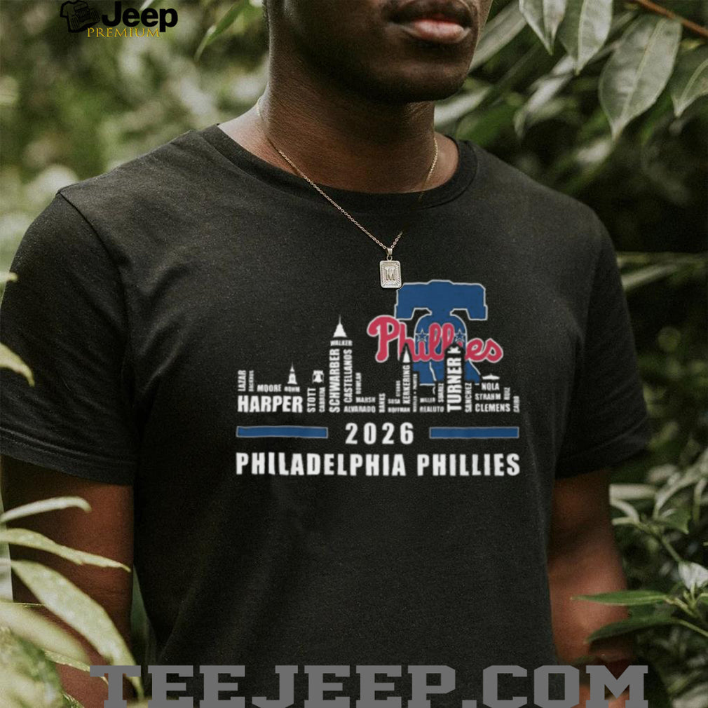 Philadelphia Phillies 2024 Players Names Skyline Liberty Bell T Shirt