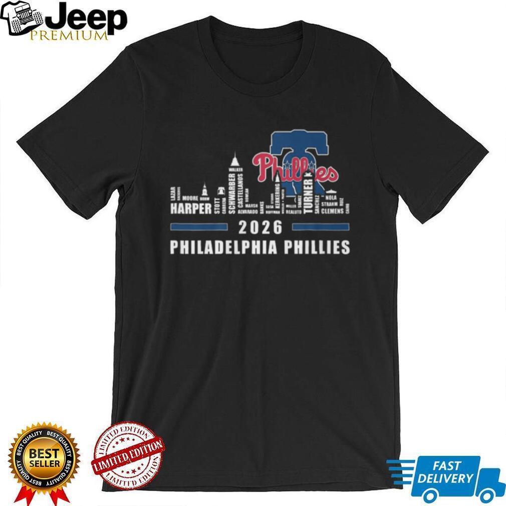 Philadelphia Phillies 2024 Players Names Skyline Liberty Bell T Shirt