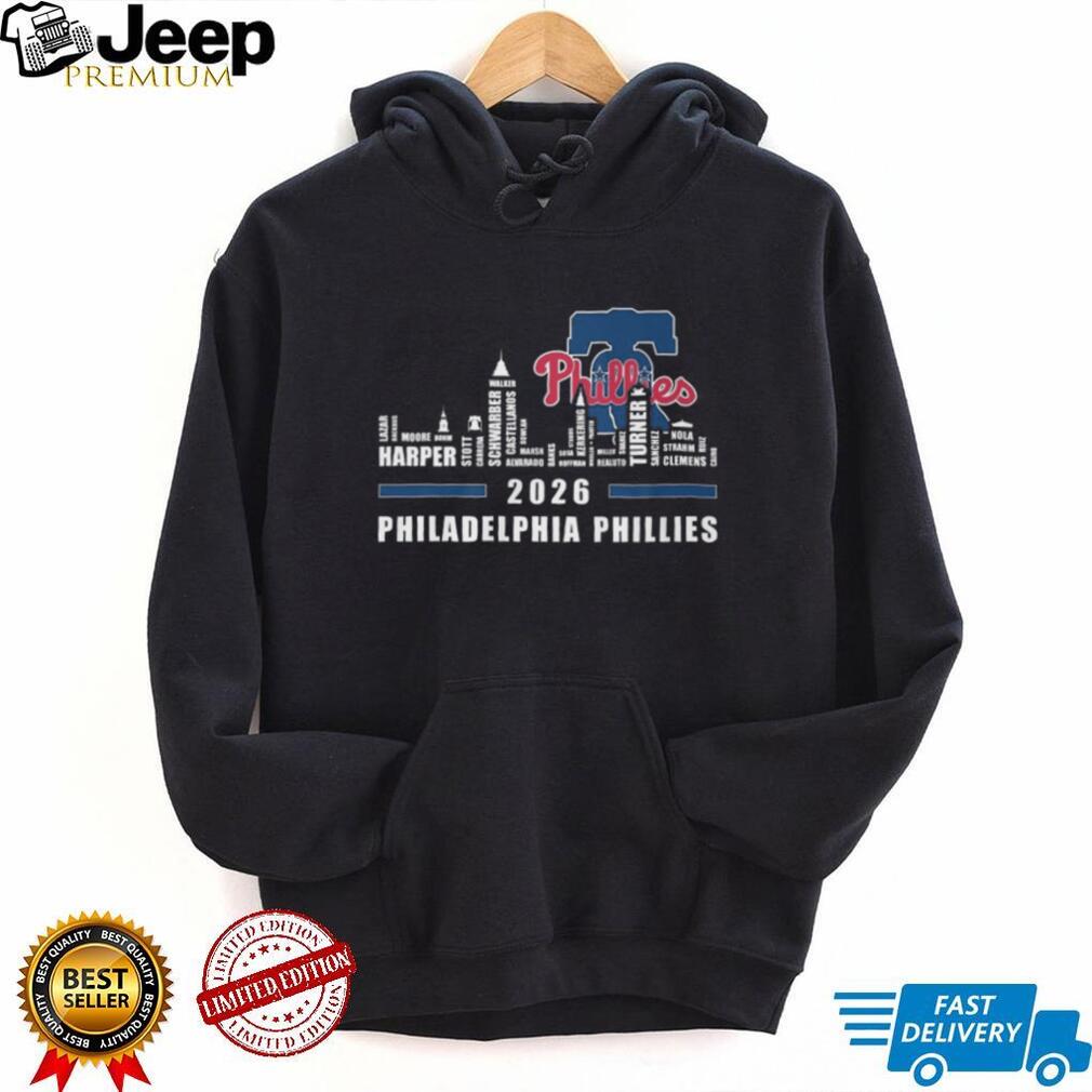 Philadelphia Phillies 2024 Players Names Skyline Liberty Bell T Shirt
