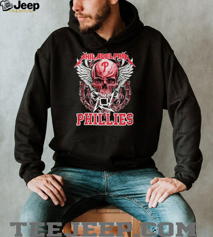 Philadelphia Phillies Red Skull With White Wings And Heavy Metal Chains T Shirt