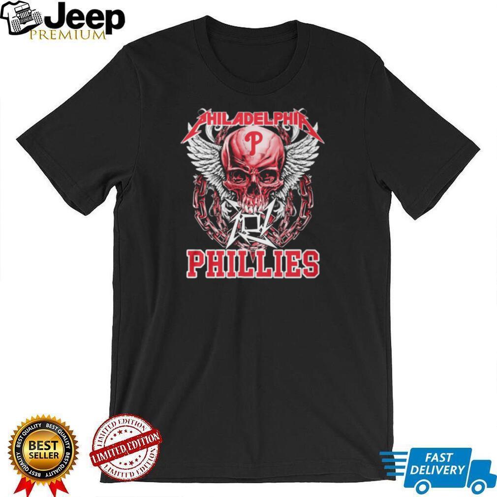 Philadelphia Phillies Red Skull With White Wings And Heavy Metal Chains T Shirt