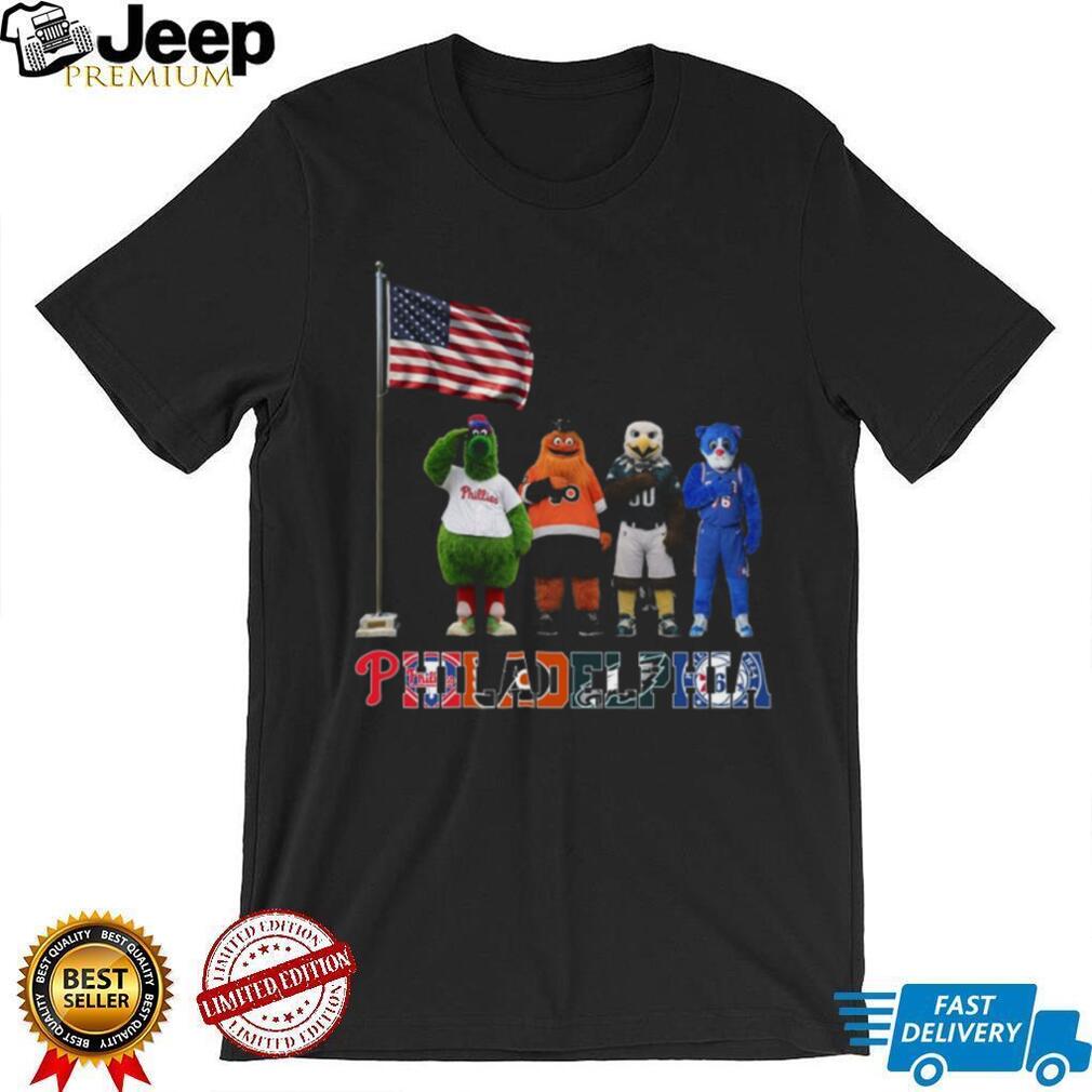 Philadelphia Sports Mascots American Flag Salute Black T Shirt