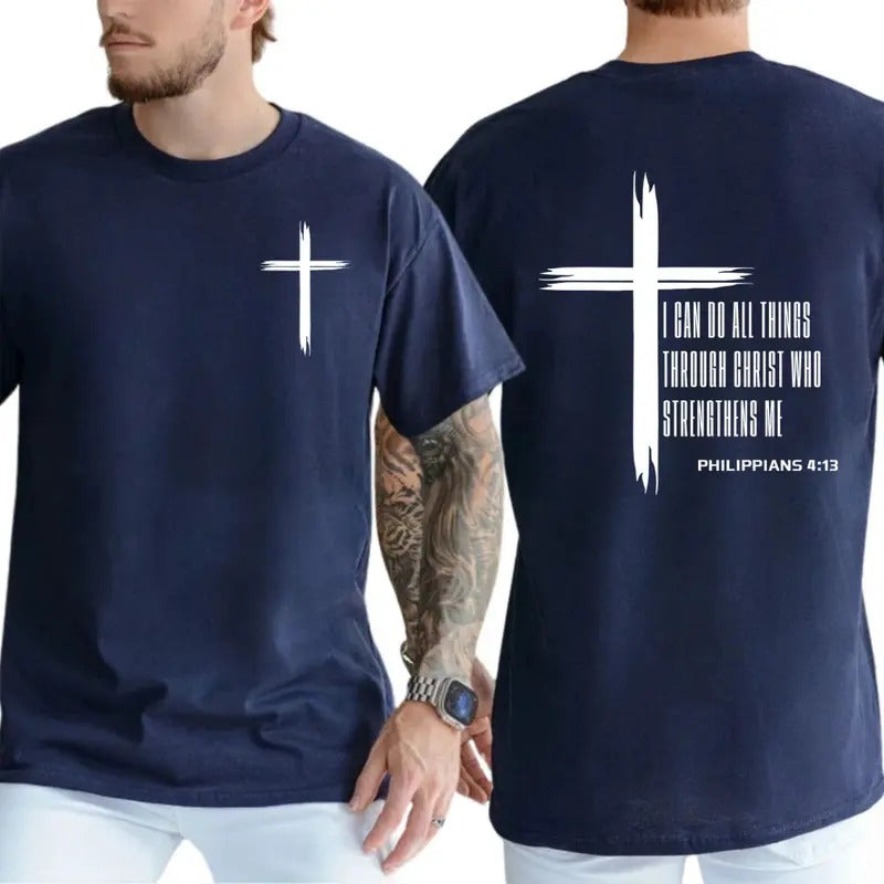 Philippians 4:13 T-Shirt - Bold Cross Design with Scripture Verse for Spiritual Strength and Motivation, Unisex T-Shirts, Menswear Tops
