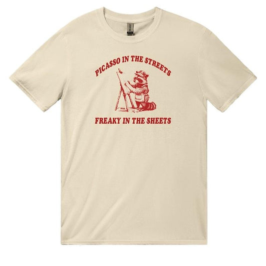 Picasso In The Streets Freaky In The Sheets Racoon T Shirt, Dumb Y2k Shirt, Stupid Vintage Shirt, Sarcastic Cartoon Tee, Silly Meme Shirt