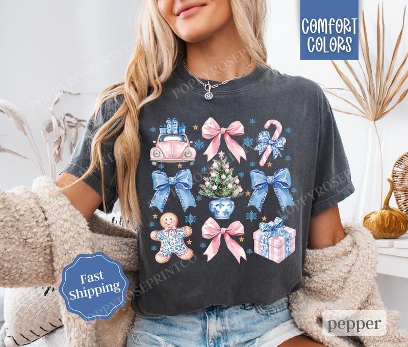 Pink & Blue Christmas Shirt Comfort Colors, Cute Xmas Tshirt, Women's Holiday Tee