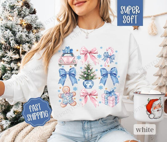 Pink & Blue Christmas Sweatshirt, Merry Christmas Sweater, Women's Holiday Crewneck