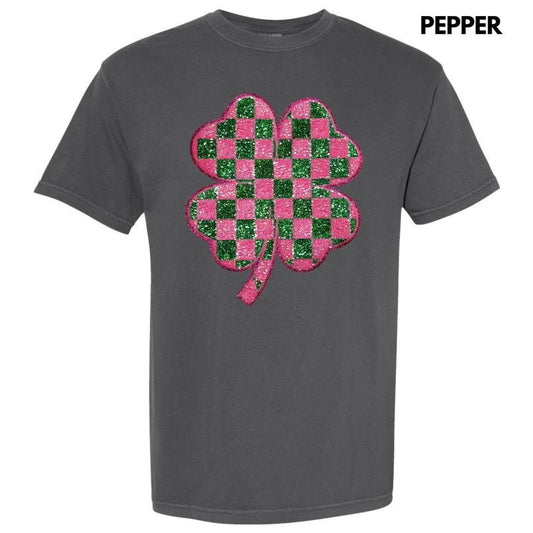 Pink & Green Checkered Shamrock Patch Comfort Colors T-Shirt Hoodie, Sweatshirt | WearSparks.com