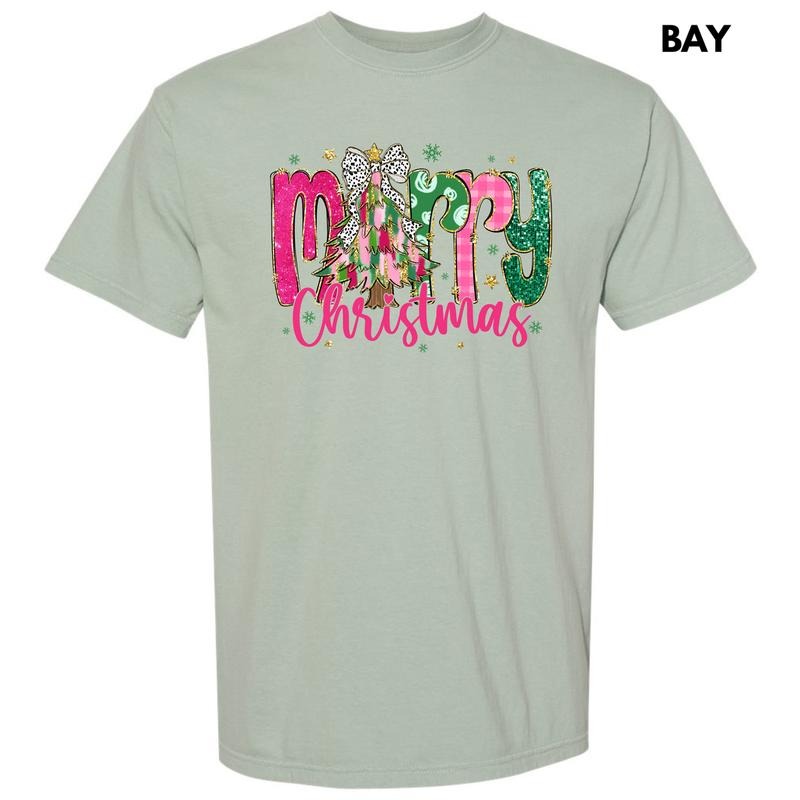 Pink & Green Merry Christmas Comfort Colors T-Shirt 'NLB'