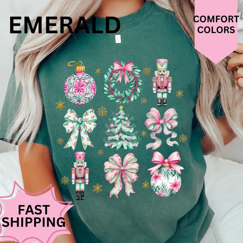 Pink And Green Christmas Coquette Shirt, Comfort Colors, Christmas Bow Shirt, Women's Holiday Tee, Casual Comfy Graphic
