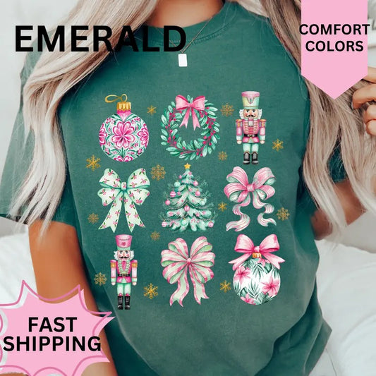 Pink And Green Christmas Coquette Shirt, Comfort Colors, Christmas Bow Shirt, Women's Holiday Tee, Casual Comfy Graphic