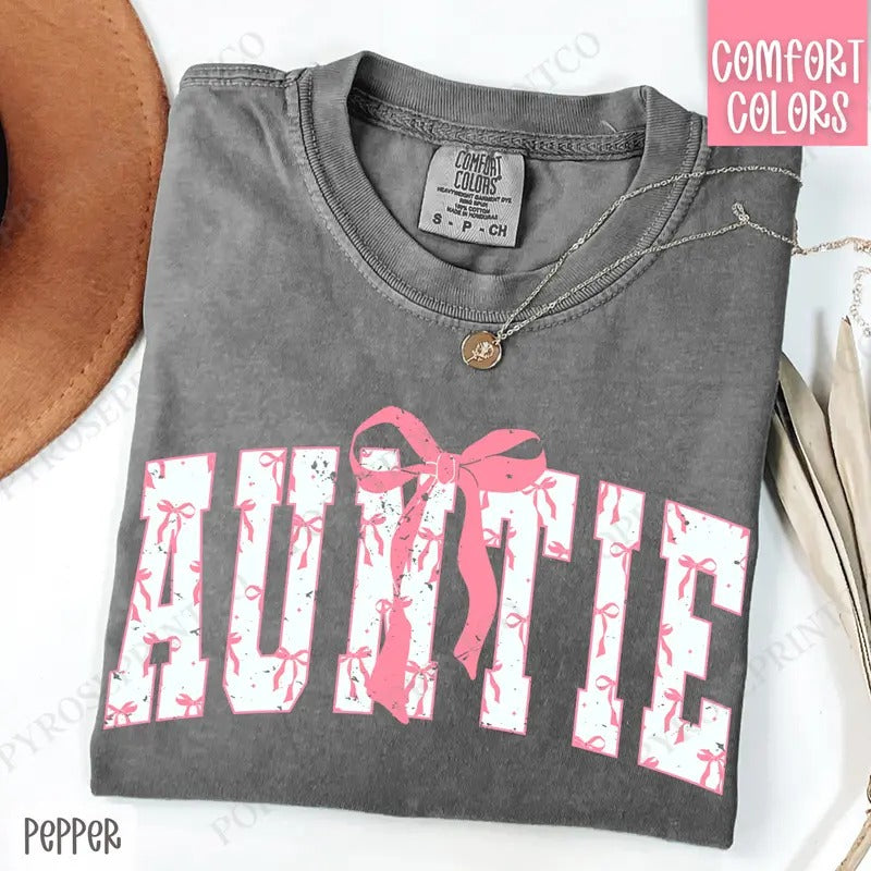 Pink Auntie Bow Shirt Comfort Colors, Women's Tee, Cute Women's Tshirt Hoodie, Sweatshirt | WearSparks.com