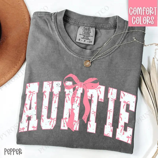 Pink Auntie Bow Shirt Comfort Colors, Women's Tee, Cute Women's Tshirt Hoodie, Sweatshirt | WearSparks.com