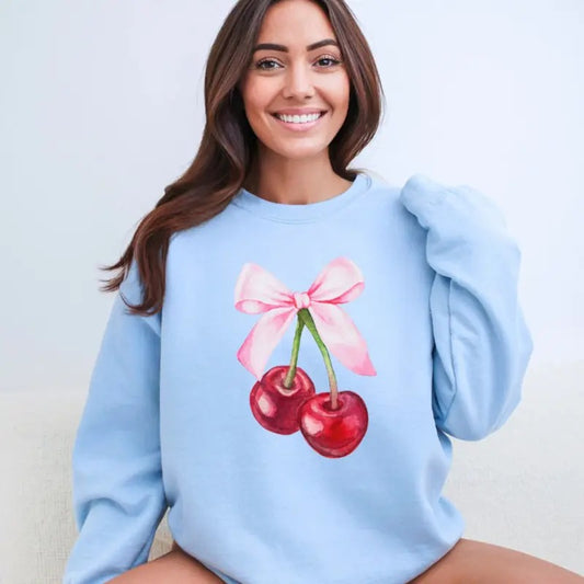Pink Bow Cherries Sweatshirt, Pink Bow Crewneck Sweatshirt, Coquette Sweatshirt, Cherries Sweater, Trendy Cherries Shirt...