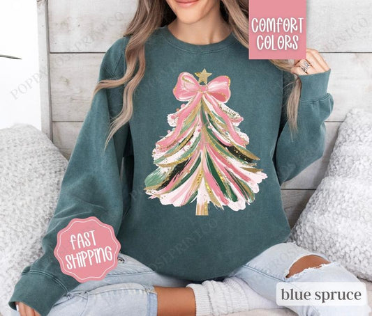 Pink Bow Christmas Tree Sweatshirt Comfort Colors, Coquette Christmas Tree Crewneck,  Women's Holiday Sweater
