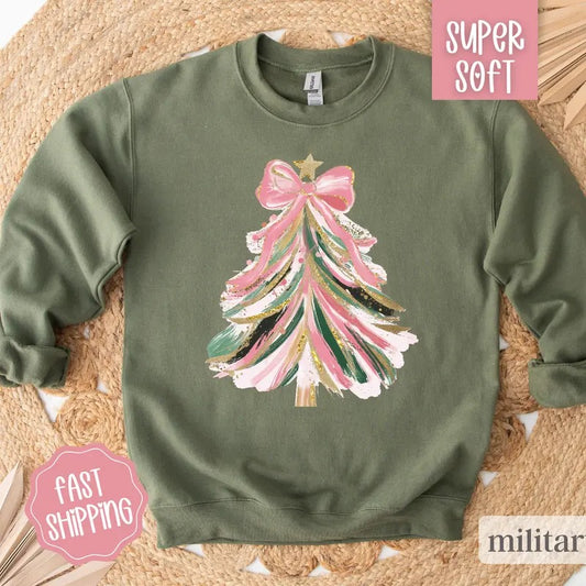 Pink Bow Christmas Tree Sweatshirt, Coquette Christmas Tree Crewneck,  Women's Holiday Sweater