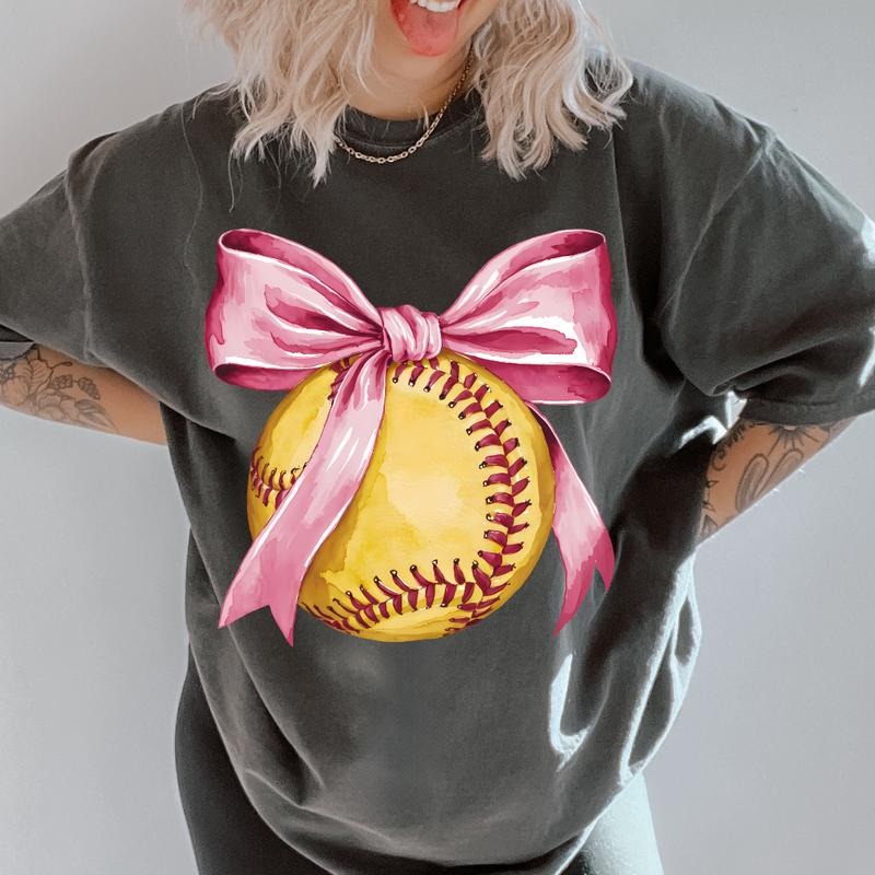 Pink Bow Softball Shirt ~ Unisex Apparel Relaxed Fit Printed In The USA Clothing Womenswear Casual Comfort Cotton Top Athletic Boho