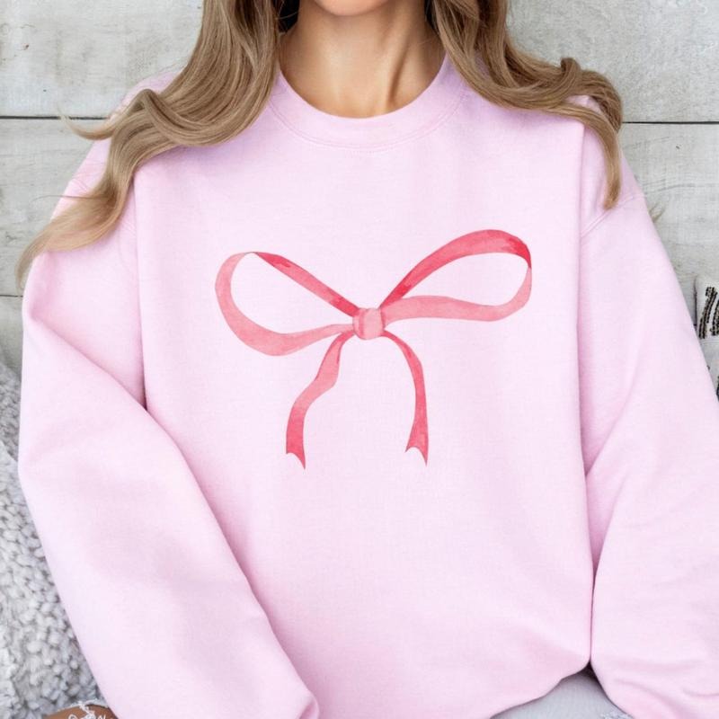 Pink Bow Sweatshirt, Coquette Sweatshirt, Trendy Pink Ribbon Bow Crewneck T-Shirts, Hoodie | WearSparks.com