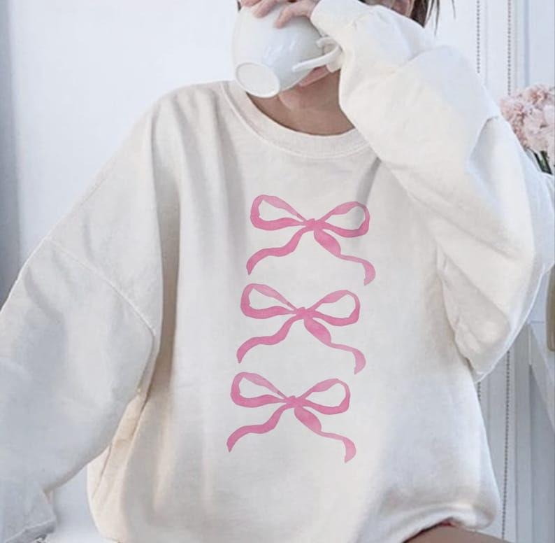 Pink Bow Sweatshirt, Trendy Pink Ribbon Bow Crewneck, Sweatshirt for Women With Bows
