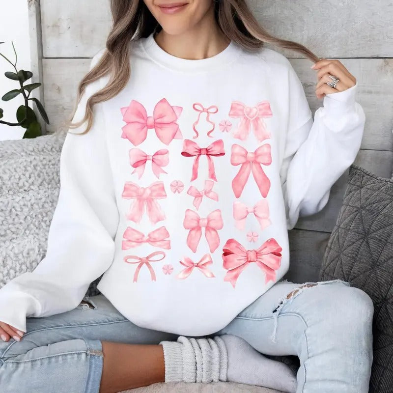 Pink Bow Sweatshirt, Trendy Pink Ribbon Bow Crewneck, Sweatshirt for Women With Bowsstyle{n002}3 T-Shirts, Hoodie