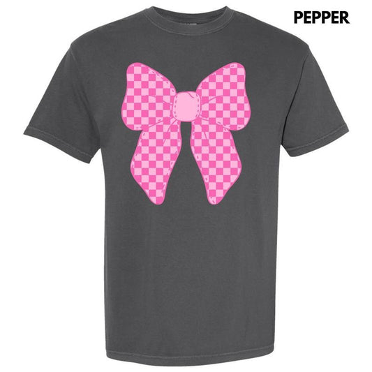 Pink Checker Bow Comfort Colors T-Shirt 'NLB'