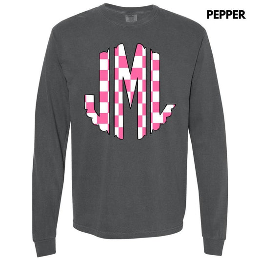 Pink Checker Monogram Long Sleeve Comfort Colors T-Shirt 'NLB'