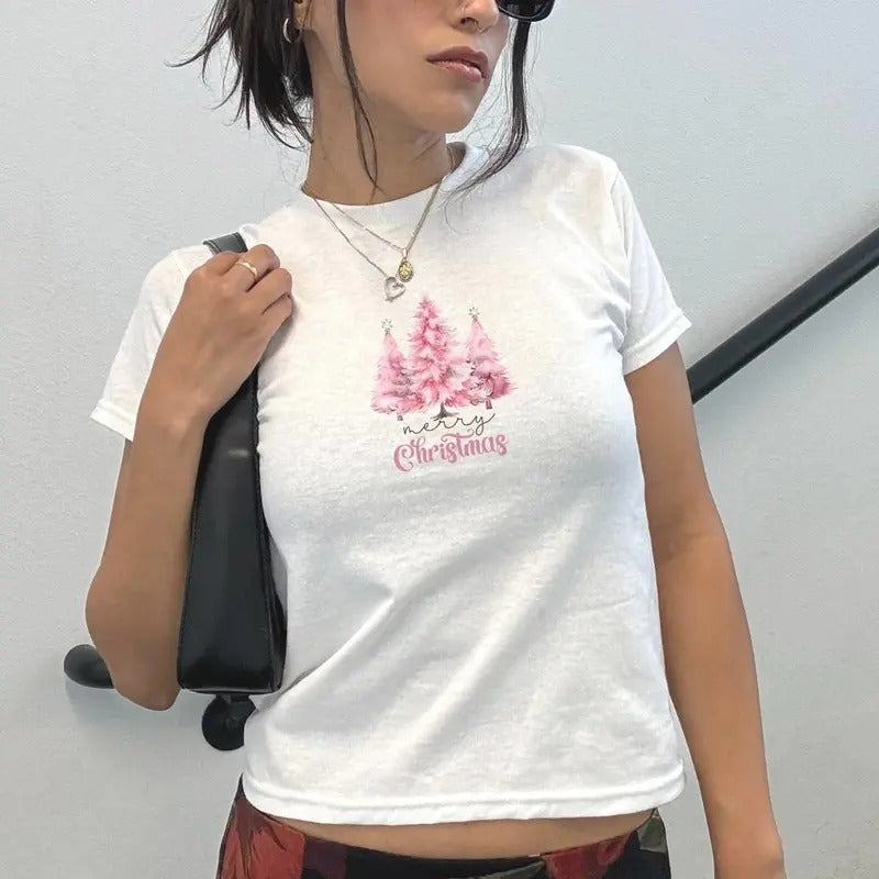 Pink Christmas Baby Tee - Cute Holiday Shirt for Xmas - Casual, Comfort Cotton Top