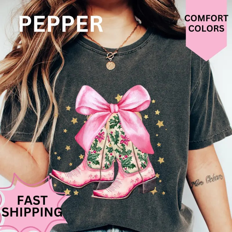 Pink Christmas Boots Christmas Shirt, Comfort Colors, Christmas Coquette Shirt, Women's Holiday Tee, Casual Comfy Graphic