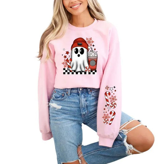Pink Christmas Ghost Sweatshirt - Cute Ghost Holding Coffee with Candy Cane Sleeve Design | Playful & Girly Retro Vibe | Comfy & Colorful for Holiday Cheer | Perfect for Cozy Winter Days | Sizes Up to 4X | Adorable Pink Sweatshirt Festive Charm