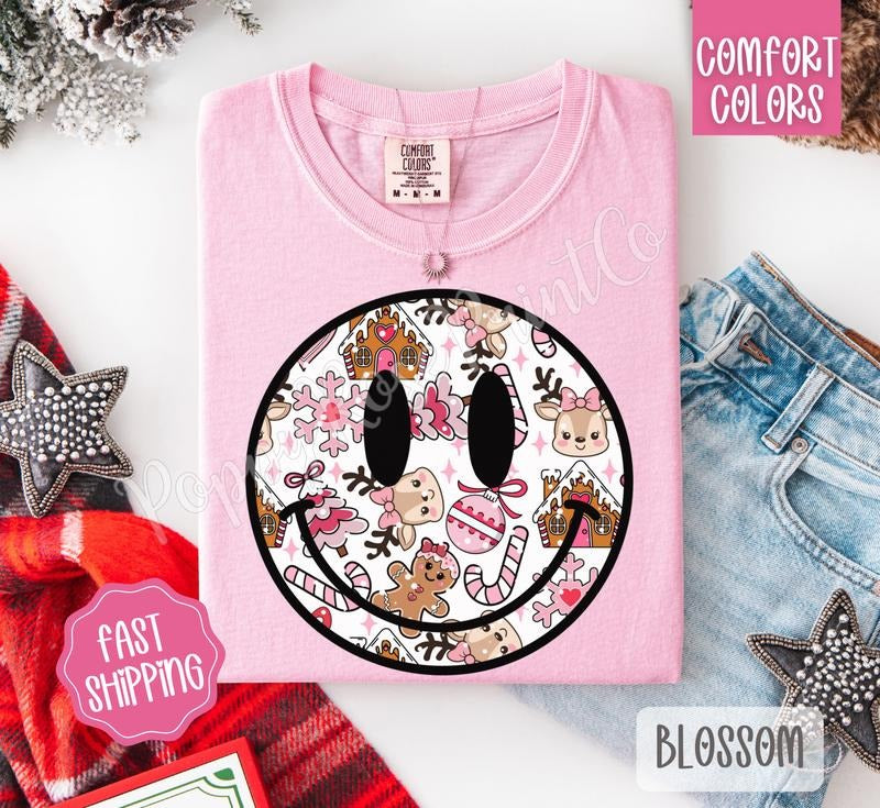 Pink Christmas Smiley Comfort Colors Shirt, Trendy Women's Holiday Tshirt Hoodie, Sweatshirt | WearSparks.com