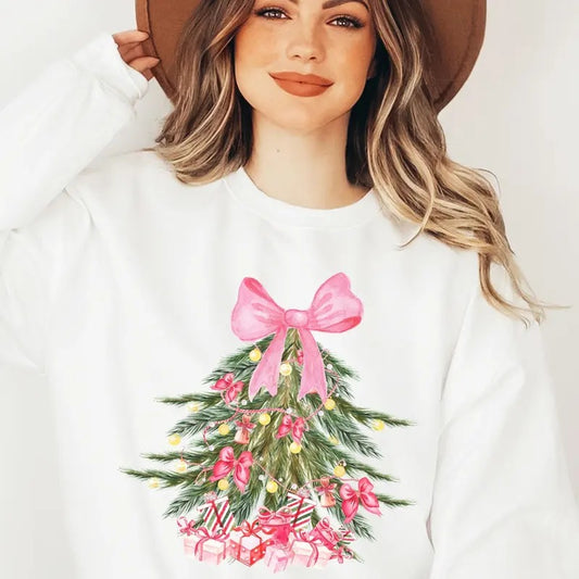 Pink Christmas Tree Sweatshirt, Adorned with Cute Bows on Elbows, Ideal for Holiday Festivities, Perfect Christmas Gift for Her