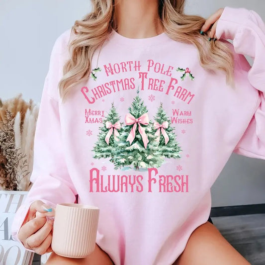 Pink Christmas Tree Sweatshirt, Pink Christmas Sweatshirt, Tree Farm Christmas Always Fresh Sweater, Coquette Christmas Bow Sweater, Warm Wishes, Christmas Vibes Shirt, Xmas Holiday Shirt, Xmas Christmas Gift Shirt