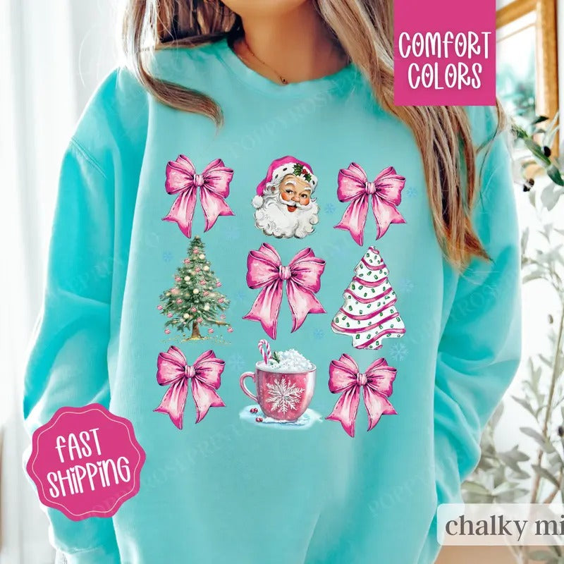 Pink Coquette Christmas Sweatshirt Comfort Colors, Holiday Sweater Womenswear Crewneck