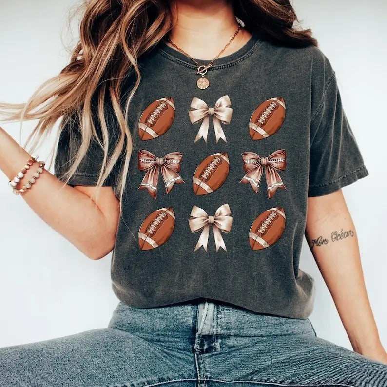 Pink Coquette Football Shirt, Sports Gift, Gameday Shirt, Football Gift Shirt, Football Bow Tee Casual Clothing Crewneck Fit