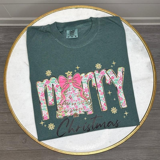 Pink Ditsy Floral Merry Christmas Comfort Colors T-Shirt 'NLB