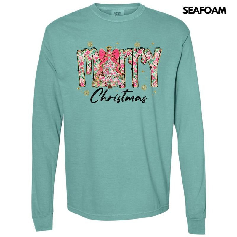 Pink Ditsy Floral Merry Christmas Long Sleeve Comfort Colors T-Shirt 'NLB' Hoodie, Sweatshirt | WearSparks.com