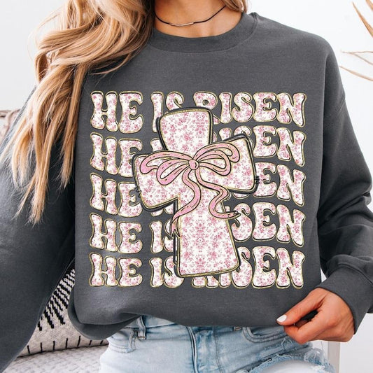 Pink Floral Chinoiserie Christian Easter , He is Risen , Grand Millennial Easter , Pink Toile Easter Cross , Easter Coquette Sweatshirt