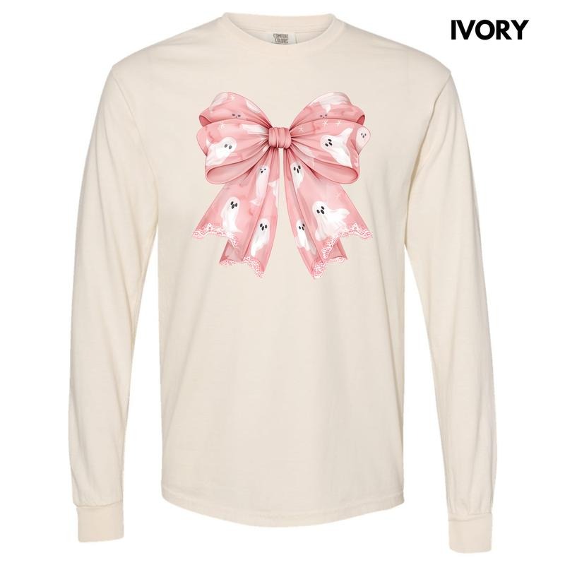 Pink Ghostie Bow Long Sleeve Comfort Colors T-Shirt 'NLB'
