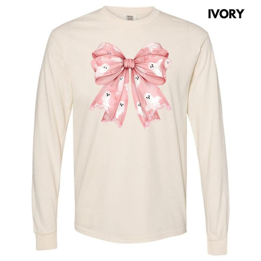 Pink Ghostie Bow Long Sleeve Comfort Colors T-Shirt 'NLB'