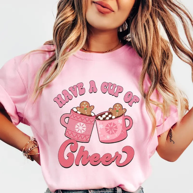 Pink Have A Cup of Cheer Shirt,  Comfort Colors Christmas Shirt, Christmas Shirt, Retro christmas Shirt, Cotton Fabric...
