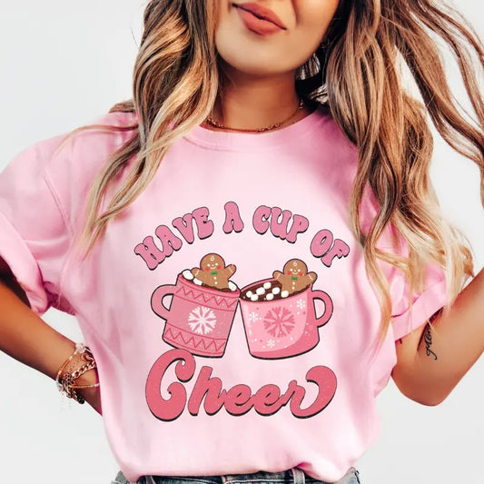 Pink Have A Cup of Cheer Shirt,  Comfort Colors Christmas Shirt, Christmas Shirt, Retro christmas Shirt, Cotton Fabric...
