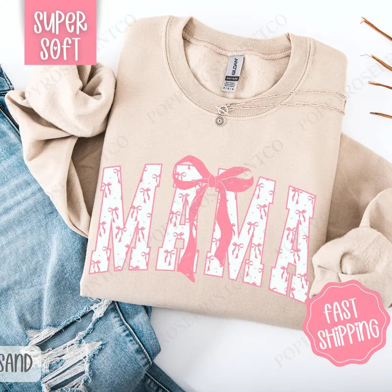 Pink Mama Bow Sweatshirt, Women's Crewneck, Cute Women's Sweater