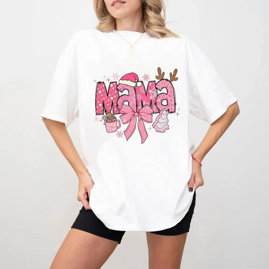 Pink Mama Christmas T Shirt, Mama Christmas Tshirt, Pink Coquette Christmas Tee, Christmas Doodles Tees, Unisex Short Sleeve Tee, Crewneck Top