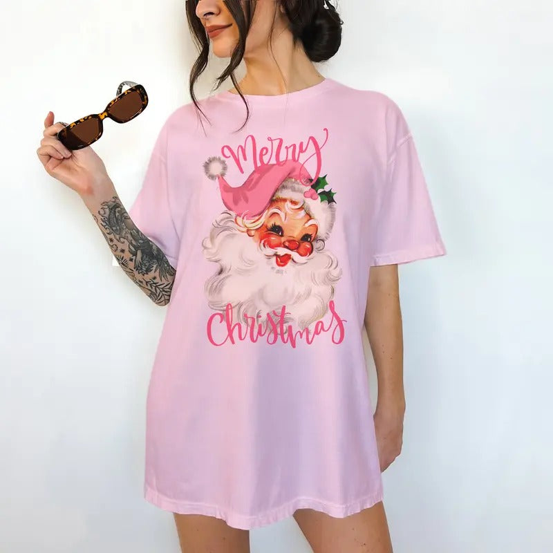 Pink Merry Christmas Santa - T-Shirt -  Print is Sublimation, Unisex T-Shirt, Funny Tee,Gift Idea, Relaxed Fit, Casual Apparel, Great with Jeans, Womenswear Graphic