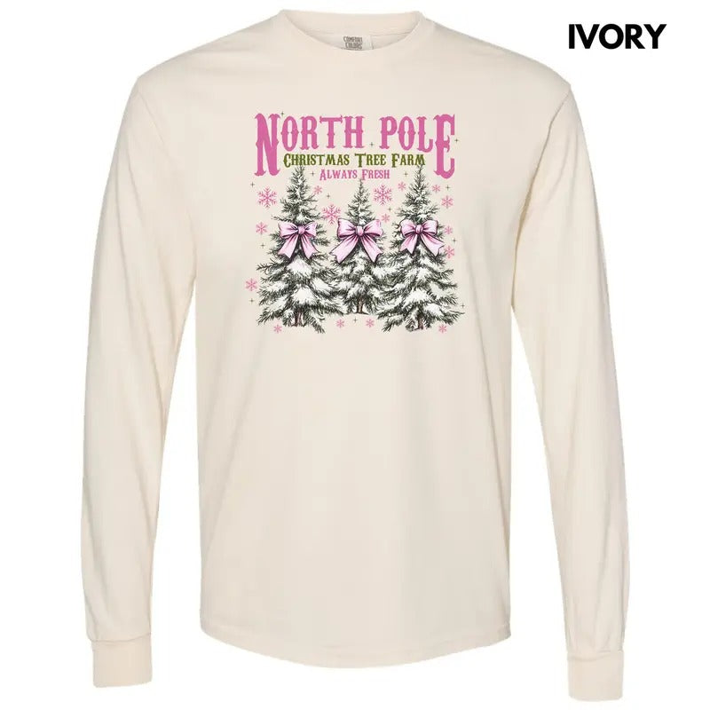 Pink North Pole Tree Farm Long Sleeve Comfort Colors T-Shirt 'NLB'