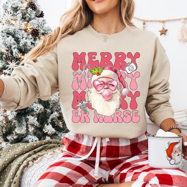 Pink Nurse Christmas Sweatshirt, Funny Santa Nurse T-shirt, ICU ER Rn Nurse Tee, Christmas Nurse Life Hoodie, Very Merry Nurse Shirt