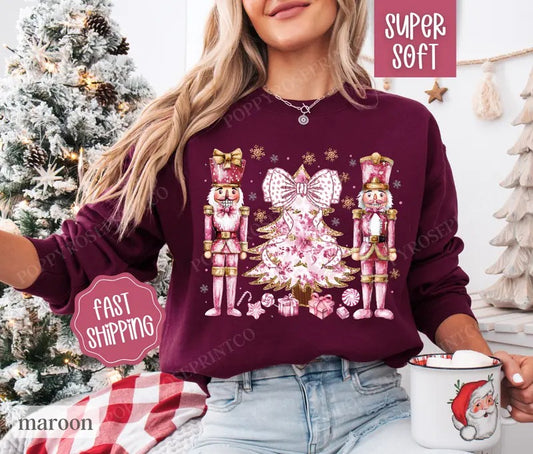 Pink Nutcracker Christmas Sweatshirt, Christmas Sweater, Women's Holiday Crewneck