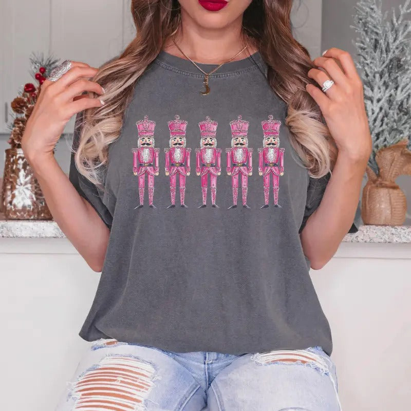 Pink Nutcracker Comfort Colors Christmas T-Shirt, Holiday Graphic Tee, Retro Pink Xmas Style, Cozy Nutcracker Christmas Gift